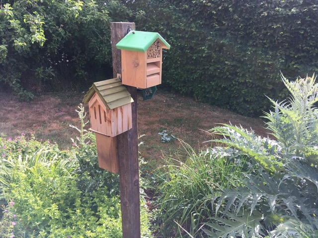 Bug houses on a stick in a garden