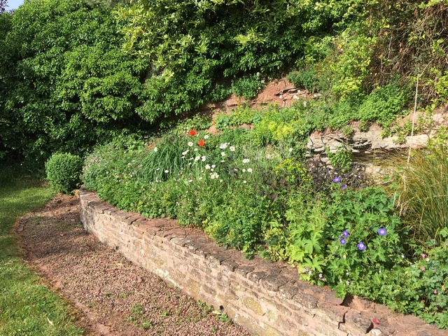 A flower bed with red, white and blue flowers