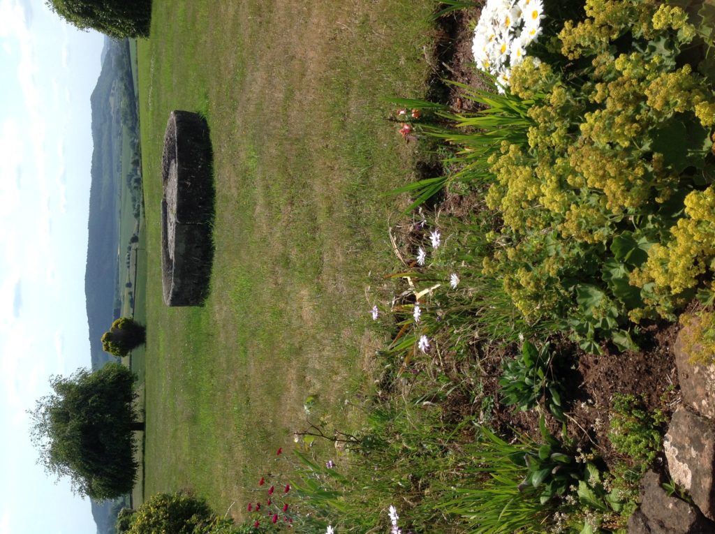 Grinding stone in field with hill in background