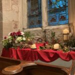 Christmas flowers and candles in the church